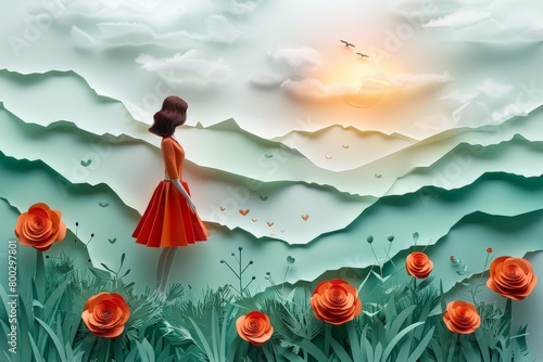 A dreamy artwork portraying a lone woman among giant roses with a surreal mountain backdrop