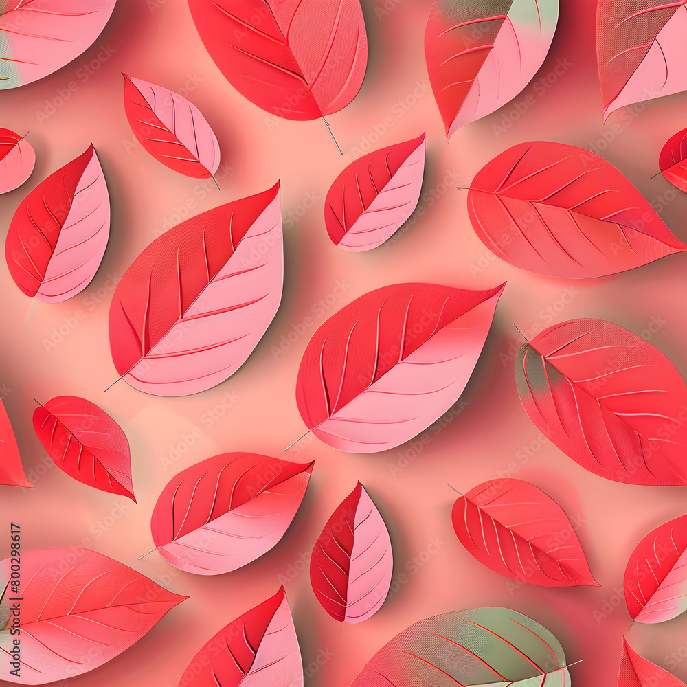 Obraz premium A close up of many red leaves with green tips. The leaves are arranged in a pattern and the background is pink. Concept of warmth and natural beauty. Generative Ai