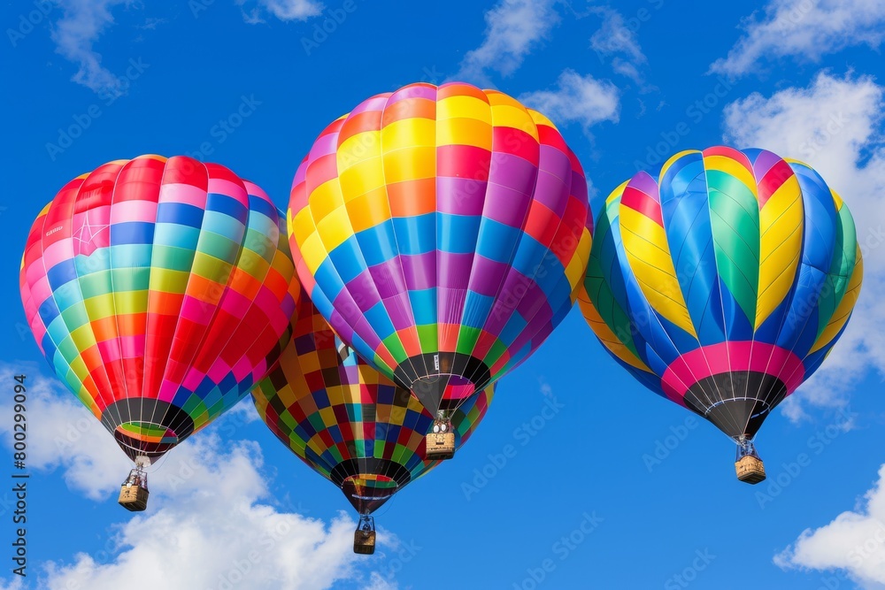 Fototapeta premium Colorful hot air balloons drift gracefully over the breathtaking mountain scenery