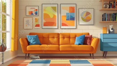 Living Room Sofa Color: A vector illustration showcasing the impact of sofa color on a living room's ambiance © MAY
