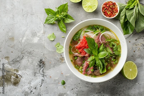 Vietnamese pho soup with beef in bowl garnished with herbs and lime on concrete Traditional Asian meal