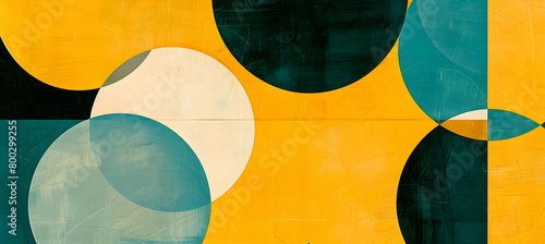 Capture a geometric design featuring large circles and crisscrossing lines in a lively palette of yellow and teal, resembling an energetic, high-definition wallpaper photo