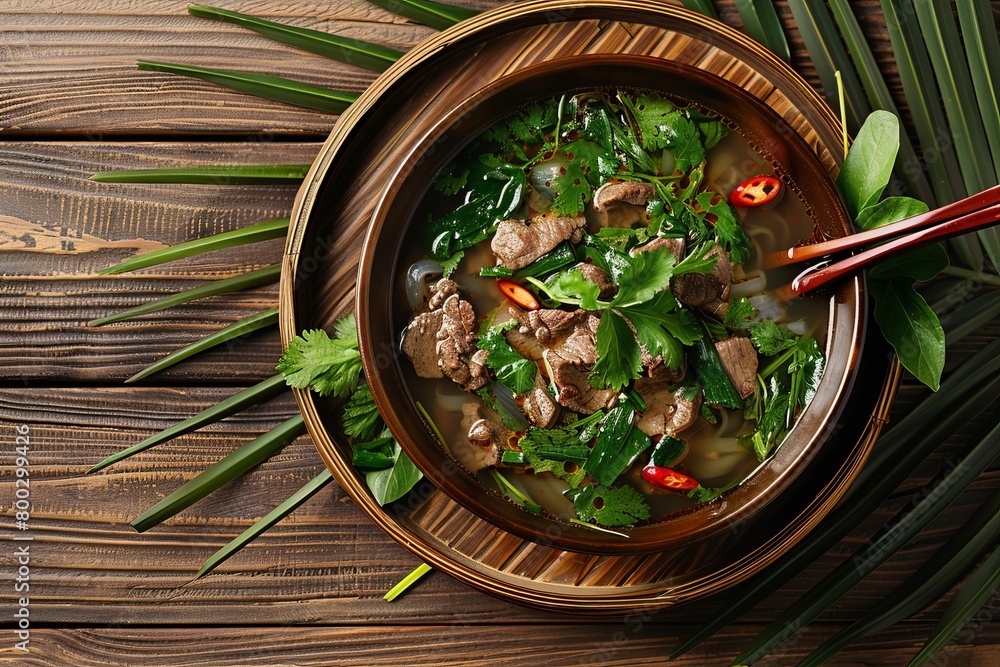 Vietnamese soup with beef served on bamboo tray and wooden background Vietnamese soup with beef served on bamboo tray and wooden background