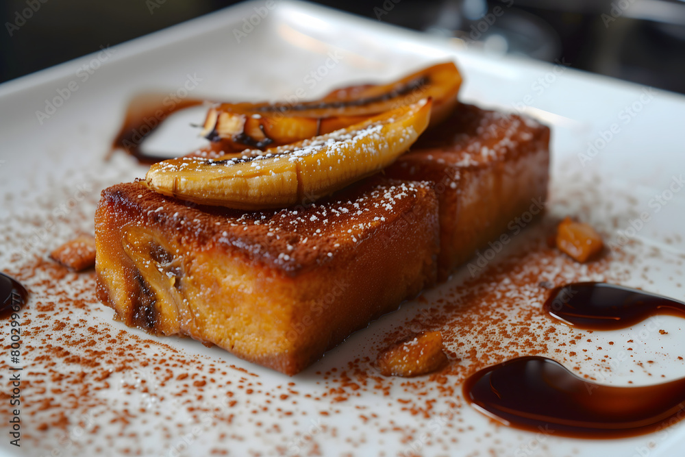 Banana cake plated and garnished with bruléed bananas on top. Banana cake plated and garnished with bruléed bananas on top.