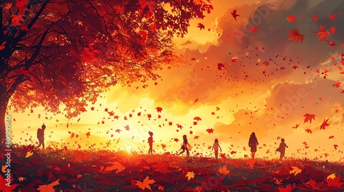 Whimsical autumn scene with children playing in a leaf-strewn park, sunset in the background, vivid tones