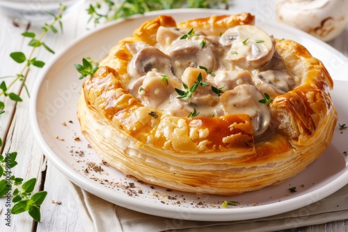 Vol au Vent is a puff pastry filled with mushroom and chicken on a white wooden table