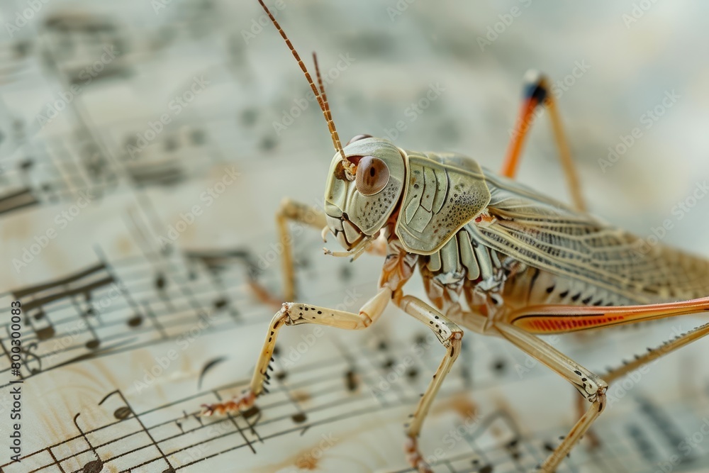 Fototapeta premium A crickets chirps are recorded and translated into musical notes, merging natural sounds with digital synthesis in an artistic macro concept