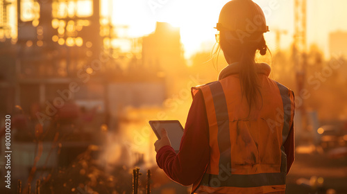 Woman in an orange safety vest and white helmet stands at the edge of an industrial site  holding her tablet as she looks out over the sunset