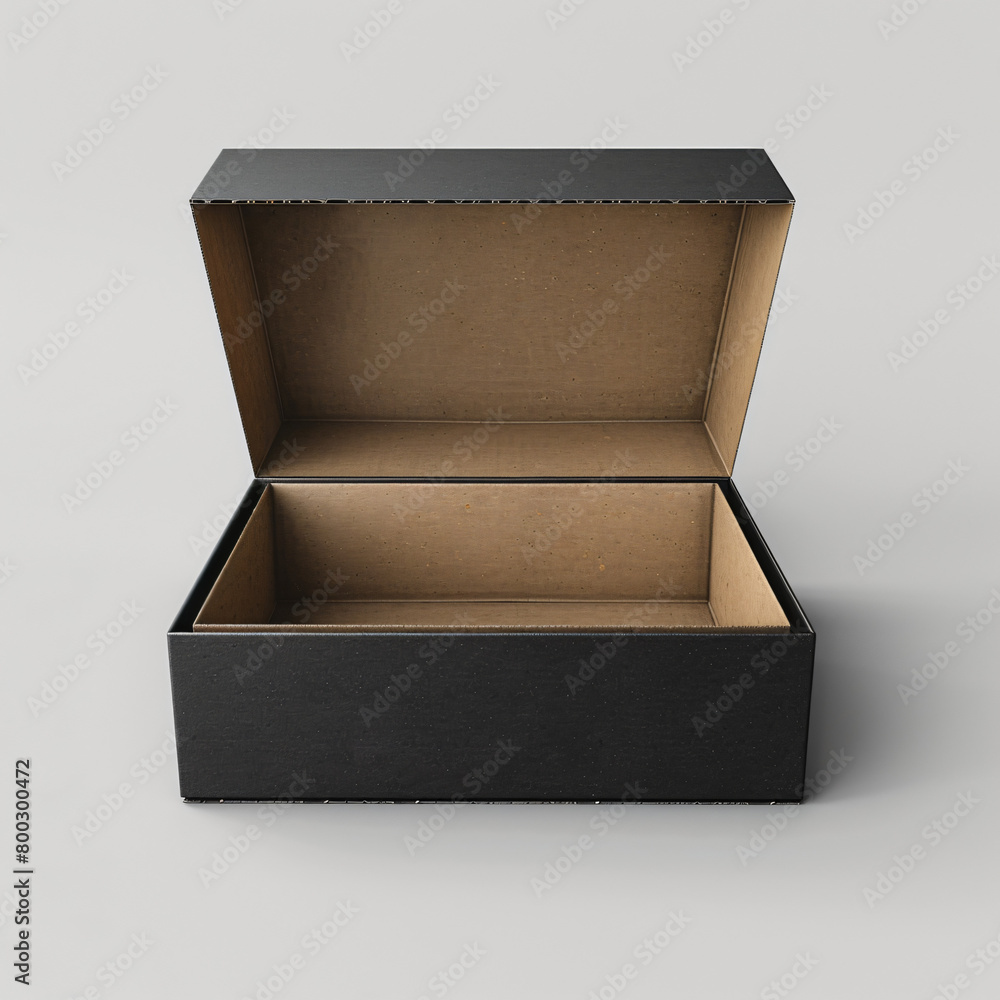 front face of a blank black open packaging cardboard box. Background is white front face of a blank black open packaging cardboard box. Background is white