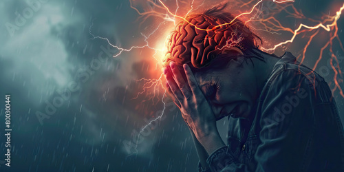 Cerebral Hemorrhage: The Sudden Headache and Neurological Symptoms - Picture a person clutching their head with a look of distress, with lightning bolts in the brain area, indicating the sudden headac photo