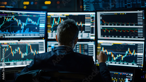 Financial day trading professional at work, surrounded by multiple computer screens displaying real-time stock market data and graph charts