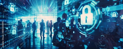 A double exposure image featuring a group of business people and digital security symbols with a padlock on the screen behind them photo