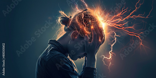 Cerebral Hemorrhage: The Sudden Headache and Neurological Symptoms - Picture a person clutching their head with a look of distress, with lightning bolts in the brain area, indicating the sudden headac photo
