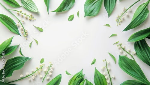 White background with lily of the valley flowers top view on paper frame photo