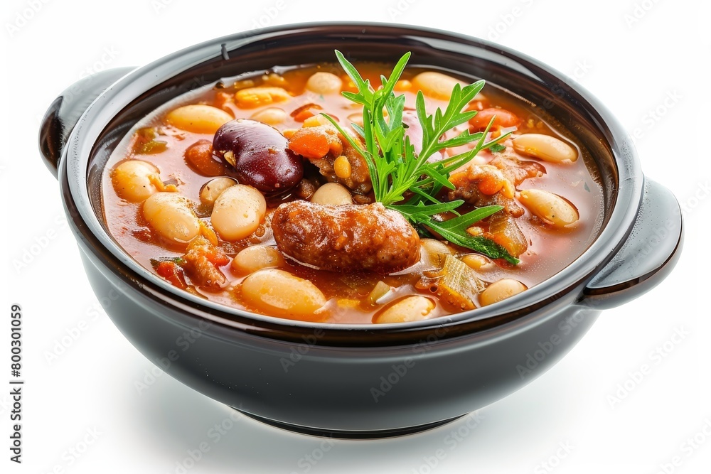 White bean soup with smoked sausage and tomato sauce isolated on white background White bean soup with smoked sausage and tomato sauce isolated on white background