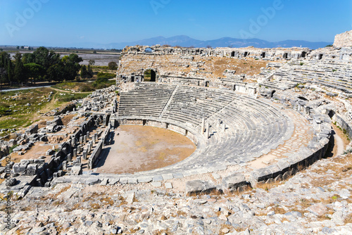 Theater at Miletus. Overlooking the plains, the Miletus Theatre's ancient stones echo with centuries of dramatic history. Milet (Aydin), Turkey (Turkiye)