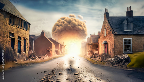 A war torn village street being lit up by the blast from a nuclear type explosion photo