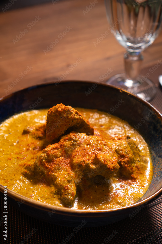 Satsivi is a traditional Georgian dish of chicken in walnut sauce in a blue plate on a table with cutlery and a glass in a restaurant. Vertical photo Satsivi is a traditional Georgian dish of chicken in walnut sauce in a blue plate on a table with cutlery and a glass in a restaurant. Vertical photo