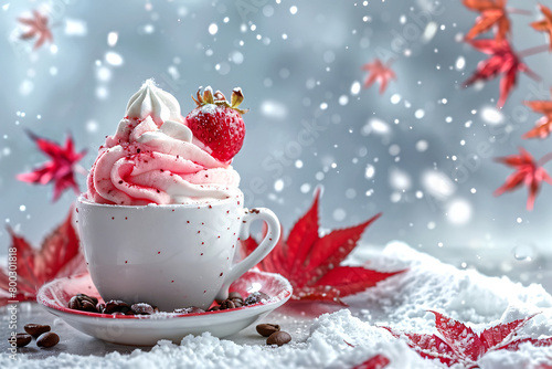 strawberry ice cream on snowy with maple leaves, copy space