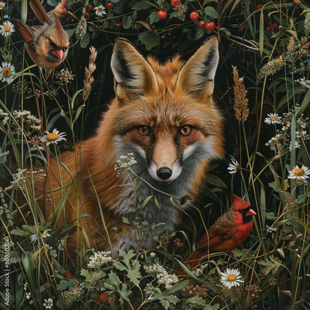 Fototapeta premium fox coming out of the grass and wildflowers with a male and female cardinal above it in a bush 