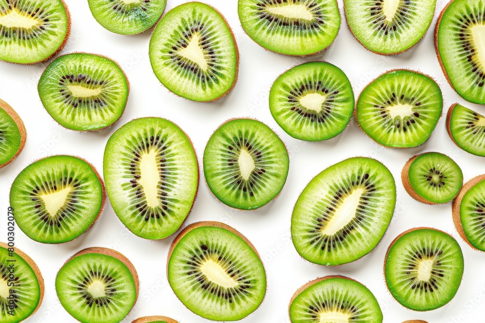 Fototapeta premium Whole and sliced kiwi on white background Overhead view