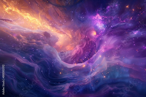 A cosmic storm brews on an abstract background, as a sea of glowing particles churns with mesmerizing energy.