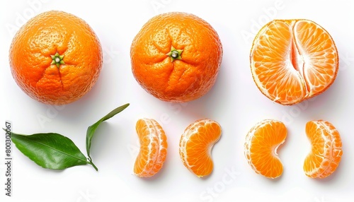 Whole and sliced mandarins isolated on a white background seen from above