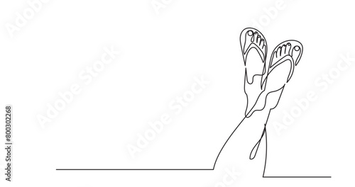 Continuous line drawing of girl's leg in flip flop.single-line girl footwear slipper.Summer vacation concept vector illustration isolate of white background.
 photo