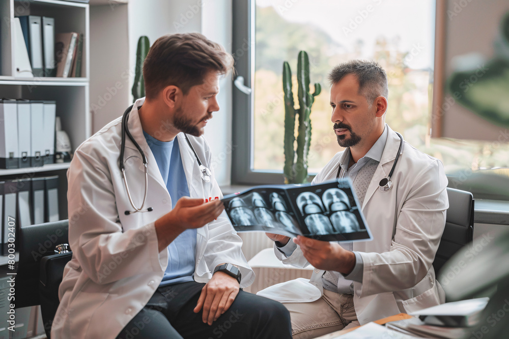 Obraz premium two doctors looking at x-ray of patient in modern clinic