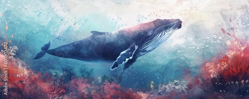 A whale sings in the deep, its song a deep, resonant bass that colors the sea with mystery, kawaii water color