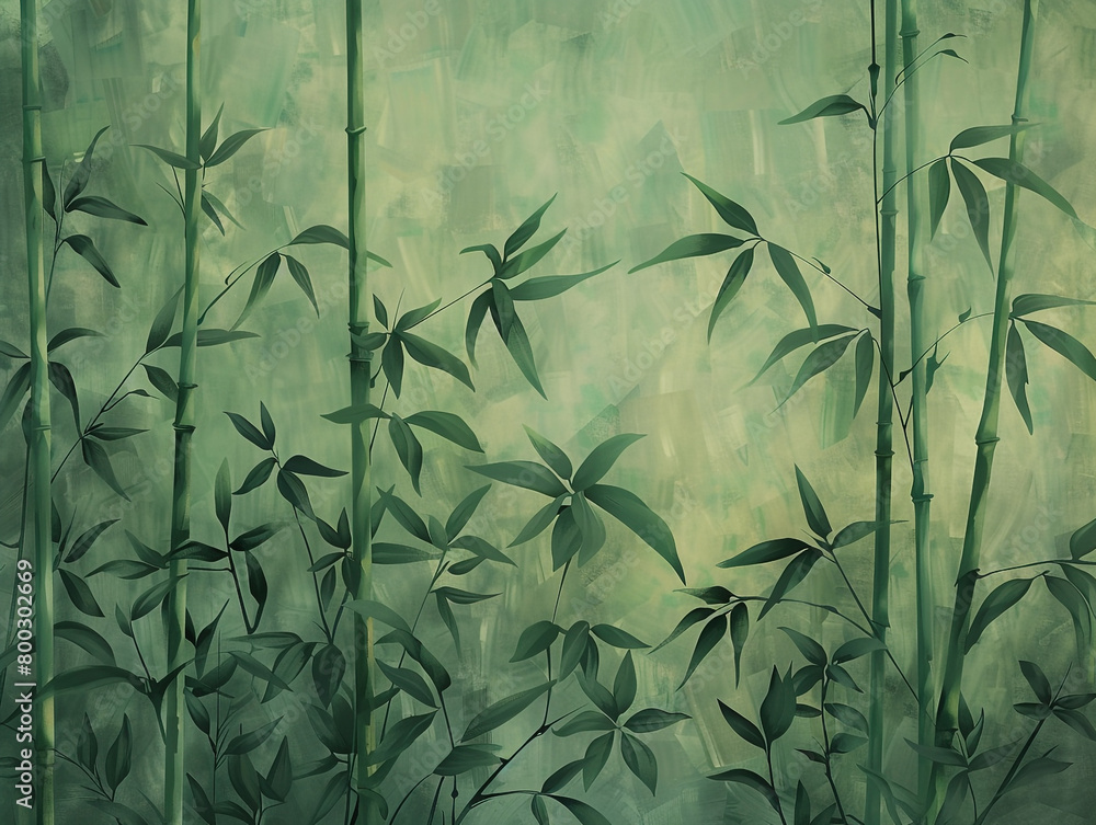 A painting of a bamboo forest with bamboo shoots and leaves in a green color tone against a solid background A painting of a bamboo forest with bamboo shoots and leaves in a green color tone against a solid background