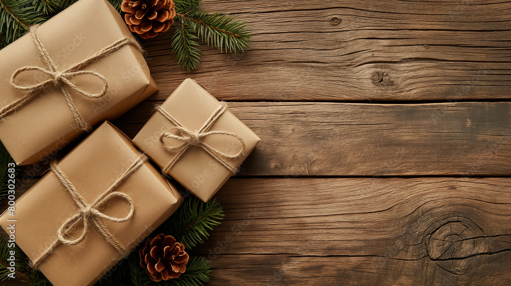 Top view of craft paper wrapped gifts with rustic twine on an old wooden background with pine cones Top view of craft paper wrapped gifts with rustic twine on an old wooden background with pine cones