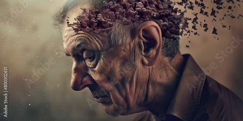 Alzheimer's Disease: The Memory Loss and Brain Shrinkage - Imagine a person looking confused, with a shrinking brain symbol, illustrating the memory loss and brain shrinkage