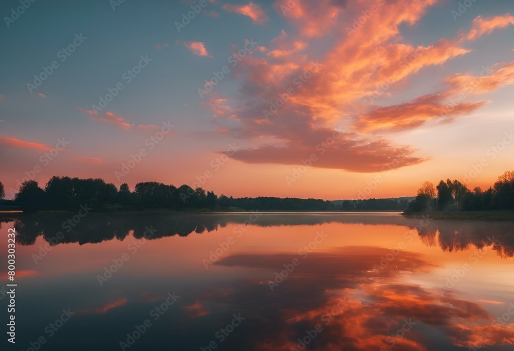 AI generated illustration of a vibrant sunset over a lake with fluffy clouds