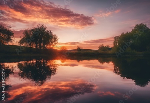 AI generated illustration of a sunrise over a lake with beautiful reflections in the water