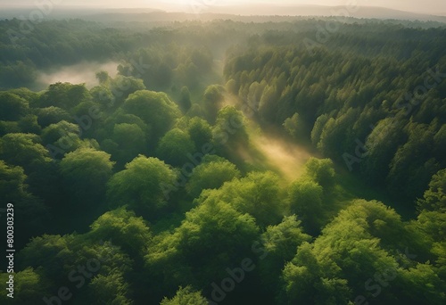 AI generated illustration of the sunlight filtering through fog in a lush green forest © Wirestock