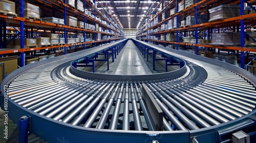 Wide-angle view of a modern warehouse with a circular conveyor system. photo