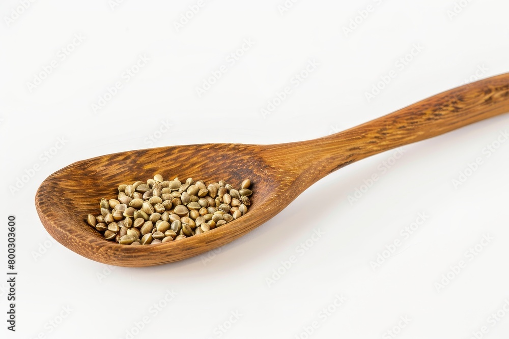 Wooden spoon with seeds on white surface Wooden spoon with seeds on white surface