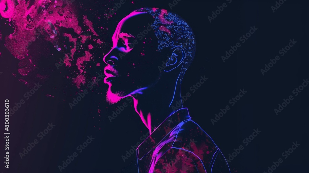 Side profile of a man with vibrant purple and pink neon outline