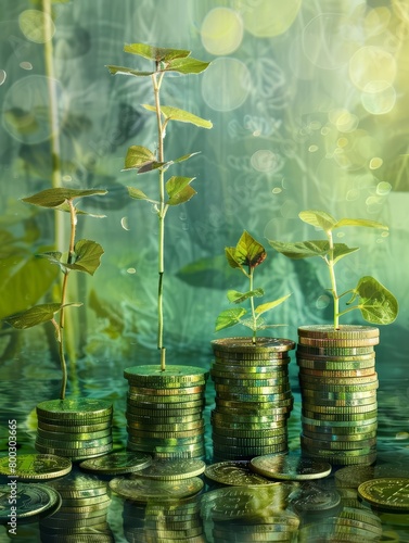 Conceptualize a motivational image showcasing the journey from setting goals to crafting a plan and taking action, as symbolized by plant shoots sprouting from ascending coin stacks photo