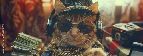 Consider the winning concept of a hipster cat dressed as a wealthy gangster boss, complete with sunglasses, hat, headphones, gold chain, and stacks of money dollars How can this character embody a sen photo