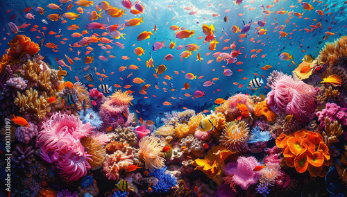 A vibrant coral reef with colorful fish swimming among the bright pink and orange corals  under sunlight shining through blue water. Created with Ai