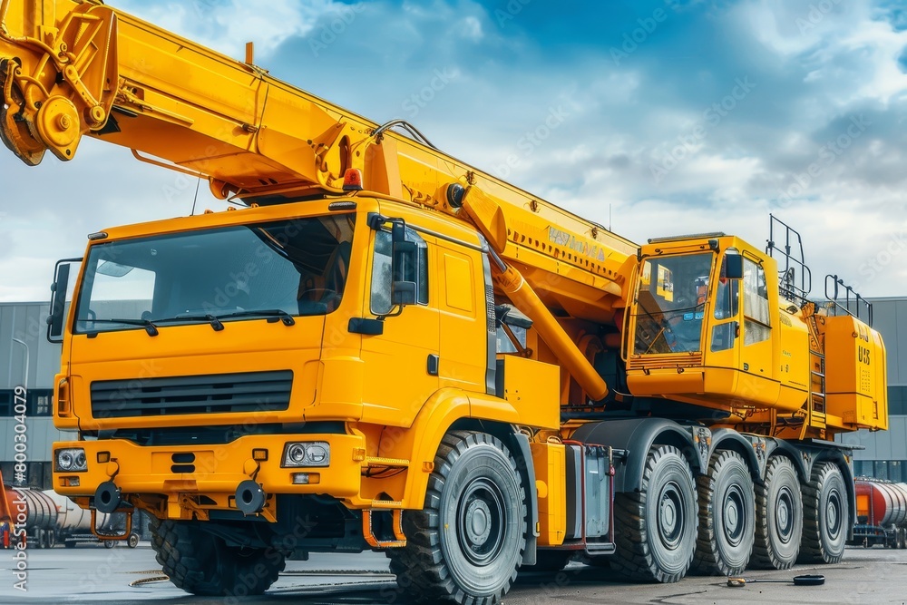 Yellow heavy duty mobile crane parked on roadside LTM telescopic truck mounted crane