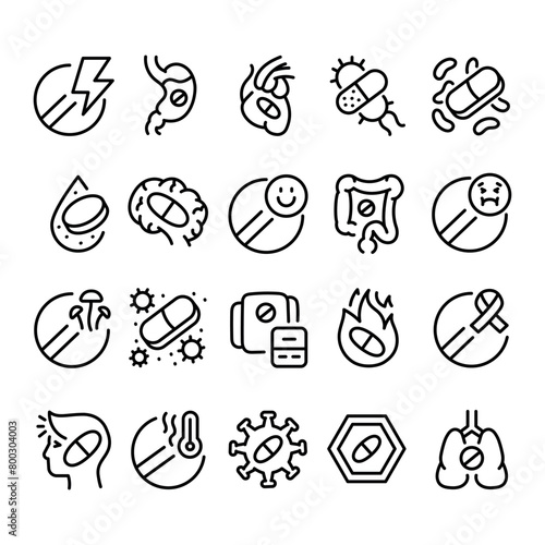 Drug categories line black icons set. Vector isolated buttons. photo
