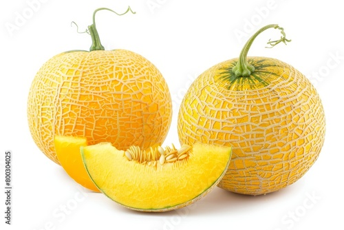 Yellow cantaloupe melon isolated on white background with seeds US Muskmelon with clipping path