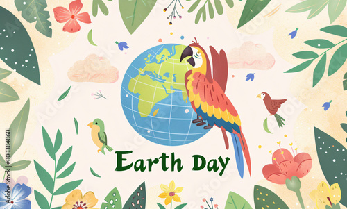 Earth day poster with a parrot  planet and flowers vector illustration  flat design for a web banner  card or t shirt print template. Flat cartoon vector illustration of an earth day poster with a glo