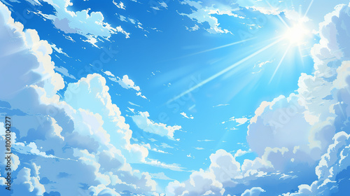 Blue sky with clouds. Anime style background with shining sun and white fluffy clouds. Generative Ai