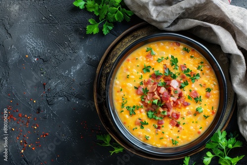 Yellow split pea soup with bacon top view with room for text photo