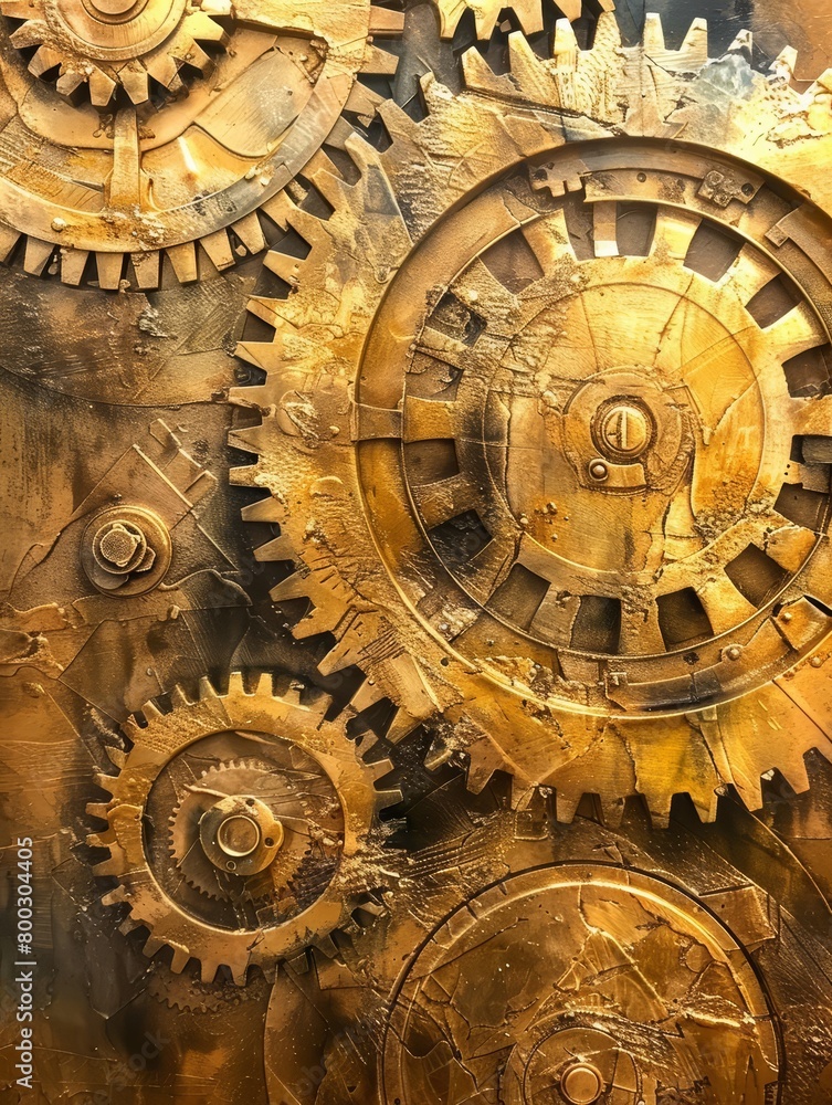 Experiment with different perspectives to showcase a dynamic composition of rotating golden gears in the artwork