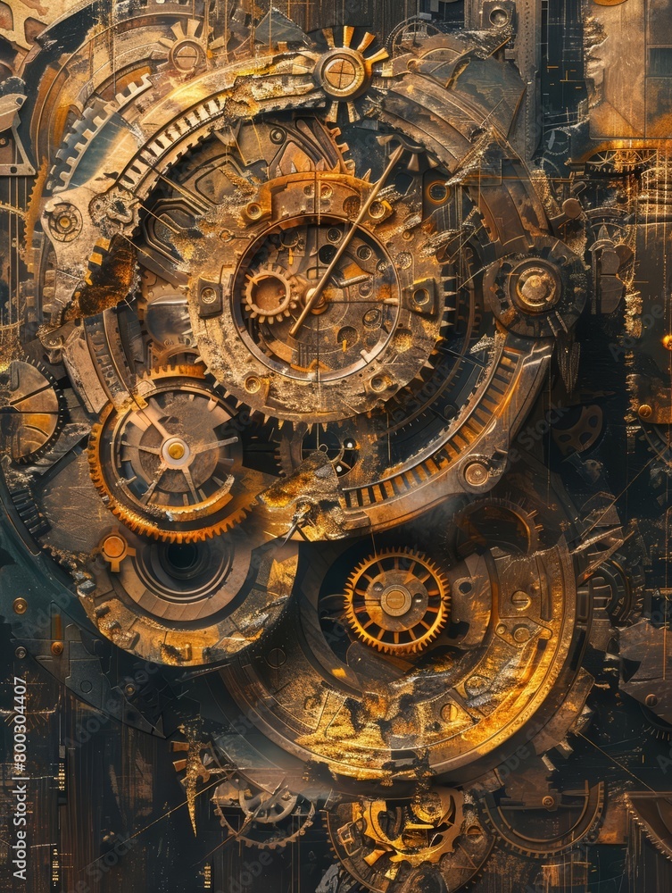 Experiment with different perspectives to showcase a dynamic composition of rotating golden gears in the artwork